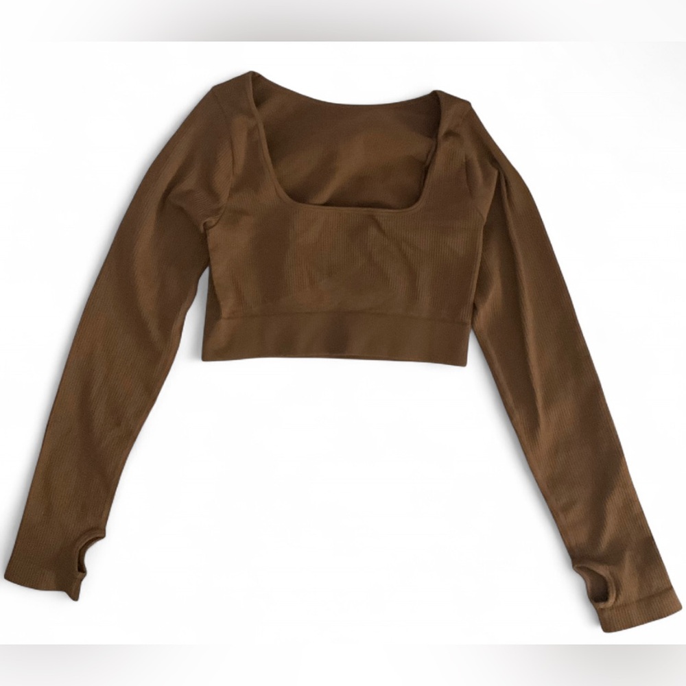 OQQ Brown Ribbed Long Sleeve Top Women’s Large Thumbhole Cutout Stretch